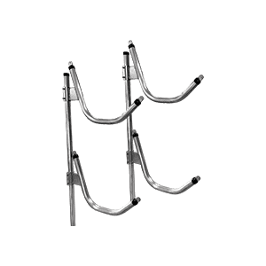 Kayak Rack mounted on floating dock with adjustable arms and tie-down eye rings for secure kayak storage